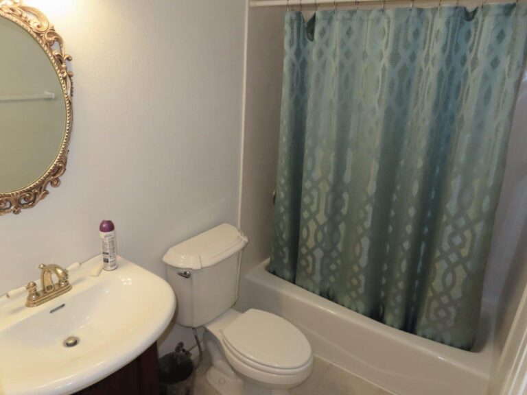 A full bathroom with a white toilet, a white sink with a mirror above it, and a white bathtub with a blue-green shower curtain in the background.